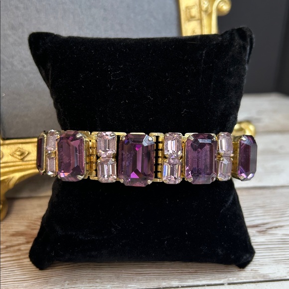 Coro Jewelry - 1950s Coro Pegasus bracelet featuring purple and lavender baguette rhinestones